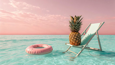 Summer concept with pineapple, inflatable ring and chair in the water