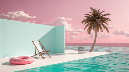 Swimming pool with sun lounger and palm tree against pink sky