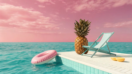 Beach chair with pineapple and inflatable ring floating in the poolの写真素材