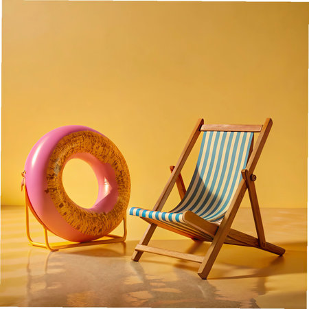 Summer beach chair with lifebuoy and inflatable ring on yellow backgroundの写真素材