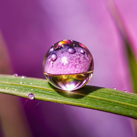 water drops on the grass blade close-up macro photo with shallow depth of fieldの写真素材
