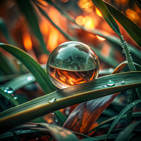 Water drop on green grass with reflection of sunlight.の写真素材