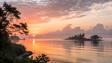 Beautiful sunset over the sea with silhouette of trees and island.の写真素材