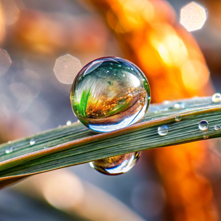 Water drops on grass blade. Reflection of sunlight.の写真素材