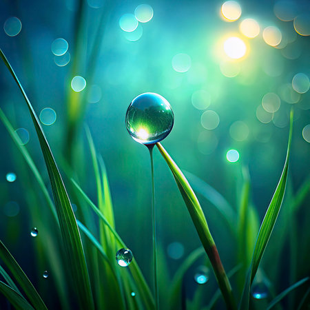 Fresh green grass with dew drops close up. Nature background.