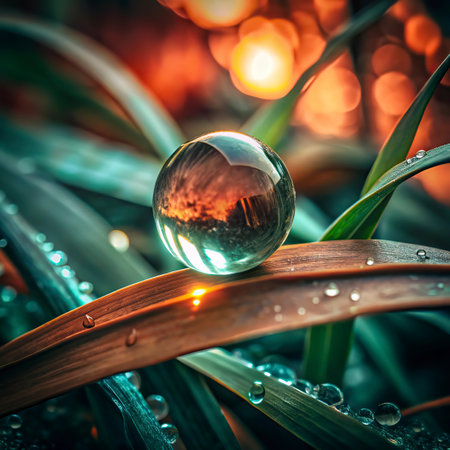 Water drops on grass with crystal ball in front of bokeh backgroundの写真素材
