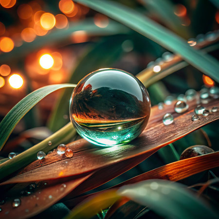 Glass globe with water drops on grass with bokeh lights background.の写真素材
