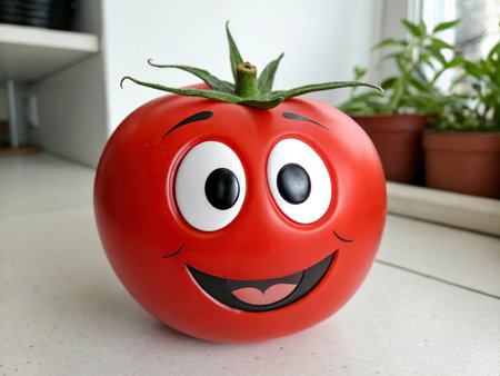 Smiling tomato with eyes and mouth on a white table in a kitchenの写真素材
