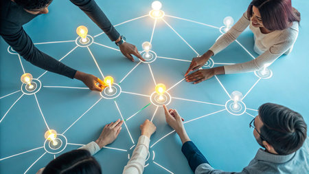 Top view of business people holding hands and touching virtual screen with social network iconsの写真素材