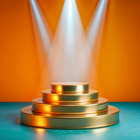 Round podium illuminated with spotlight. Award ceremony concept. 3D Renderingの写真素材