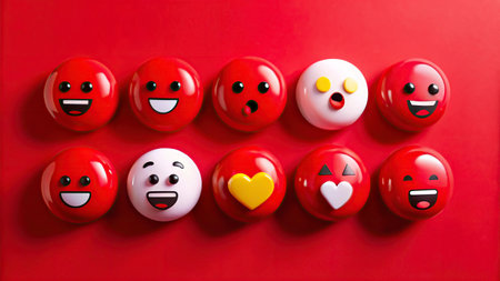 Red and white emoticons with smiley faces on red background.の写真素材