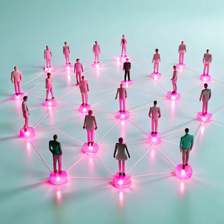 3d rendering of a network of people connected by neon lights.の写真素材