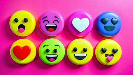 Emoticon smiley face on pink background. Emoticon smiley with red heart.の写真素材