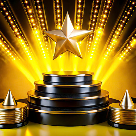 Stage podium with lighting, Stage Podium Scene with for Award Ceremony on yellow Background, 3d renderの写真素材