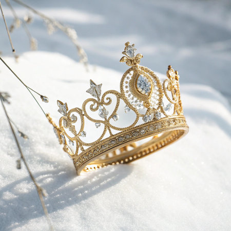 Wedding gold crown on the snow. Selective focus.の写真素材
