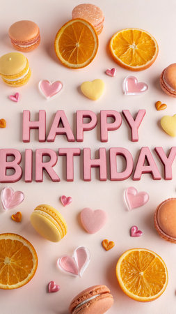 Beautiful composition with tasty macaroons and text Happy Birthday on light backgroundの写真素材