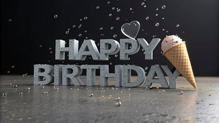Happy Birthday ice cream cone with silver letters on a dark background. 3D Renderの写真素材