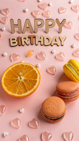 Gentle macaroons, orange slices, hearts on pink backgroundの写真素材