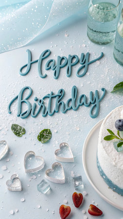 Happy birthday greeting card with white cake, blue berries and water dropsの写真素材