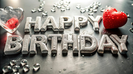 Happy Birthday. Greeting card with inscription Happy Birthday and hearts on a dark background.の写真素材