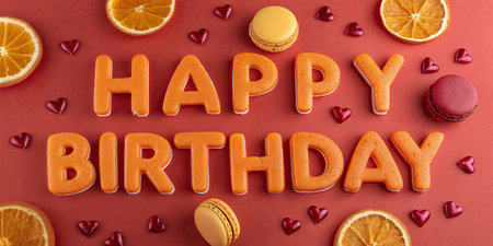Happy birthday lettering with orange macaroons, orange slices and hearts on red backgroundの写真素材