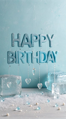 Happy Birthday greeting card with blue wooden letters and glass candlesticksの写真素材