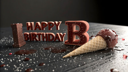 Happy birthday card with ice cream on black background. 3D illustration.