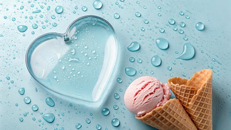 ice cream in a waffle cone and a heart on a blue background