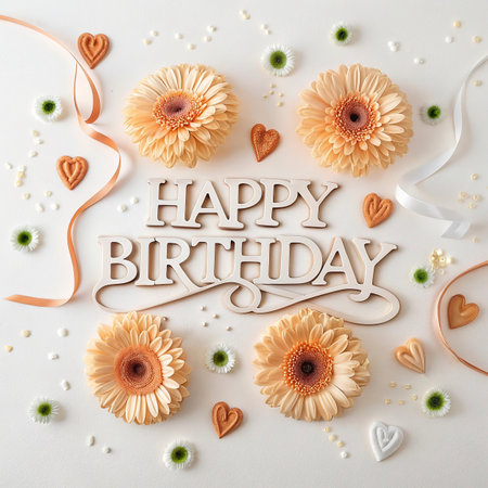 Happy birthday lettering with flowers and hearts on white backgroundの写真素材