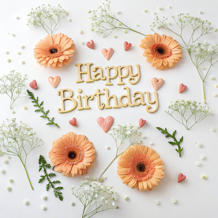 Happy birthday card with gerbera flowers and hearts on white backgroundの写真素材