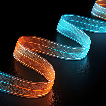 3D illustration of a spiral of glowing neon lines on a black backgroundの写真素材