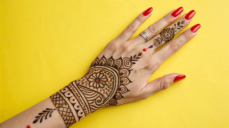 Close up of female hand with henna tattoo on yellow background.の写真素材