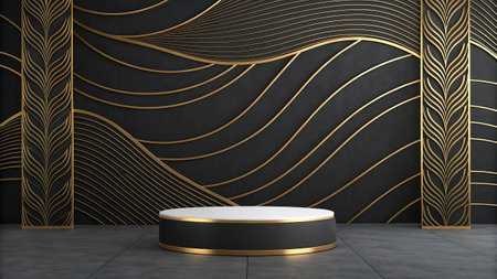 3d render of black minimal geometric background with golden podium and gold linesの写真素材