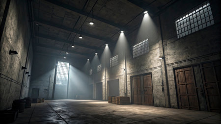 Abandoned industrial warehouse interior with large windows lit by spotlights