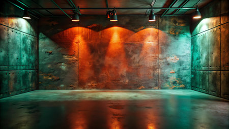 3D rendering of the interior of an old abandoned factory. Concrete walls and floor.の写真素材