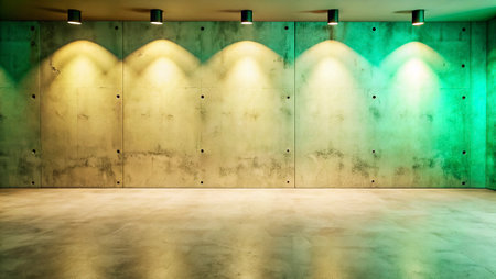 3d rendering of empty room with concrete wall and green spotlightsの写真素材