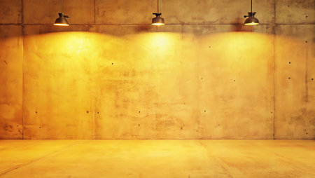 Interior of empty room with spotlights on concrete wall and floorの写真素材
