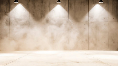3D rendering of an empty studio with spotlights and concrete wall