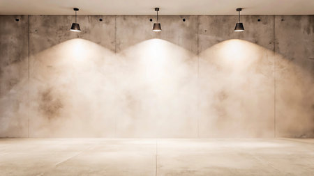 Concrete wall with spotlights and smoke. 3d rendering.の写真素材