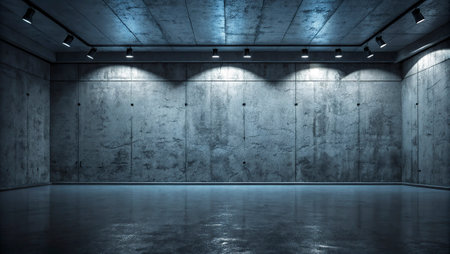 3d rendering of empty concrete room with spotlights on the wallの写真素材