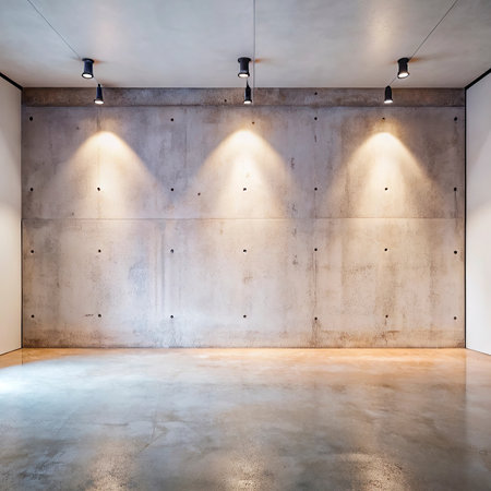 interior of modern empty room with concrete wall, concrete floor and lampsの写真素材