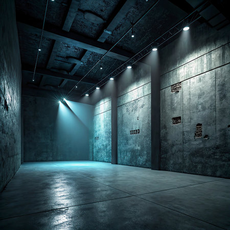 Interior of the empty room with concrete walls and floor illuminated by spotlightsの写真素材