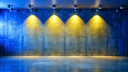 Interior of a modern room with blue wall and concrete floor.