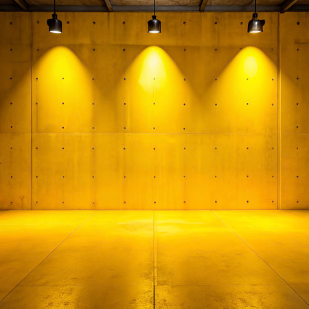 Yellow interior with spotlights and concrete wall, 3d render illustration