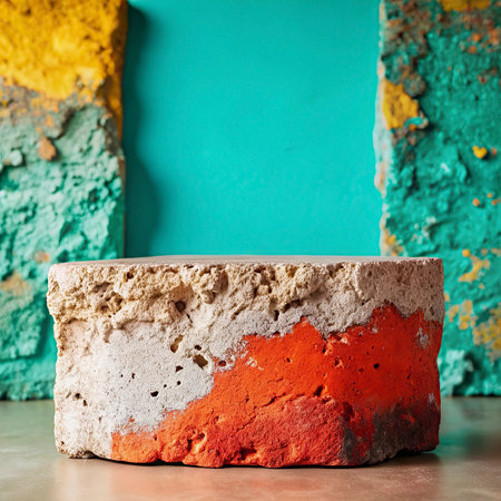 Concrete product stand on the background of multicolored wall.