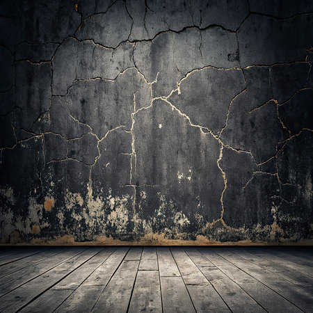 old room with cracked concrete wall and wooden floor, grunge backgroundの写真素材