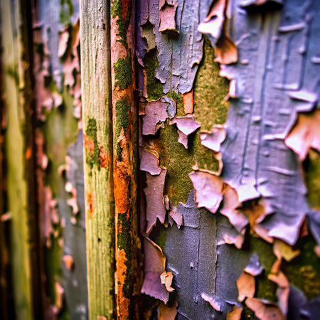 Wooden fence with peeling paint. Selective focus. Toned.の写真素材