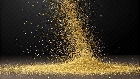 Gold glittering particles on a dark background. Golden explosion of confetti.Glow light effect. Starburst with sparkles isolated on transparent background. Vector illustrationの写真素材