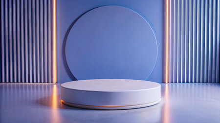 Minimal scene with podium and blue neon light. 3D renderingの写真素材