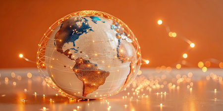 Globe and Christmas lights on orange background. 3D rendering.